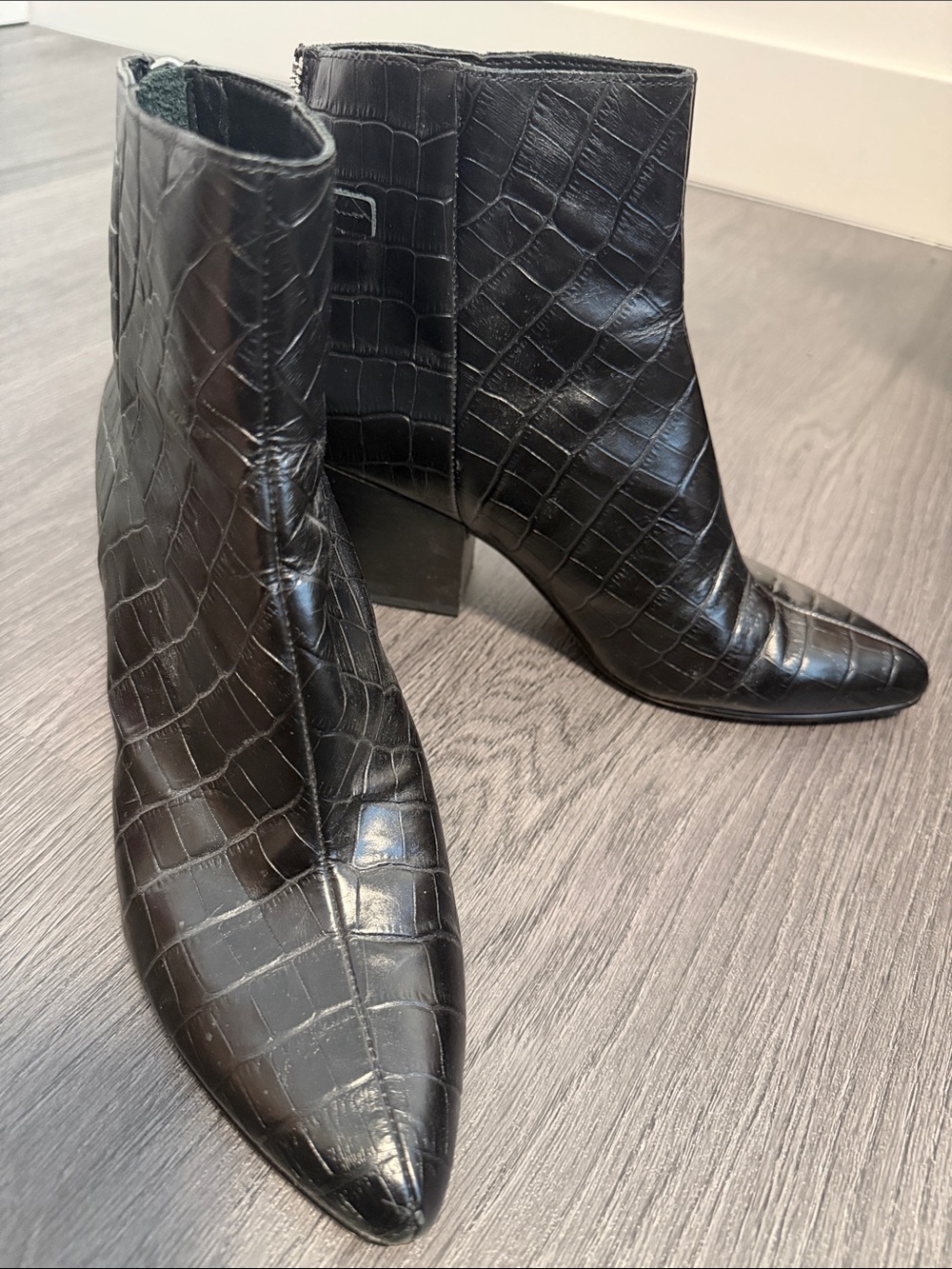 Dolce Vita Black Croc-Embossed Pointed Toe Ankle Booties